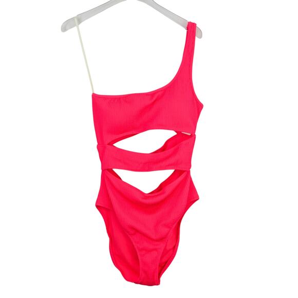 Aerie Crinkle Cut Out One Shoulder One Piece Swimsuit Hot Pink Medium - Picture 4 of 8